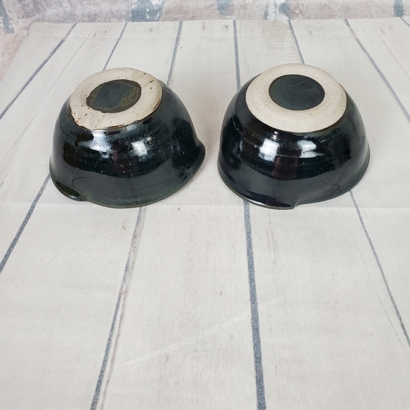 Handcrafted Studio Pottery Tri Point Cereal Bowls Splash Glaze Black Set  of 2 - Picture 7 of 10